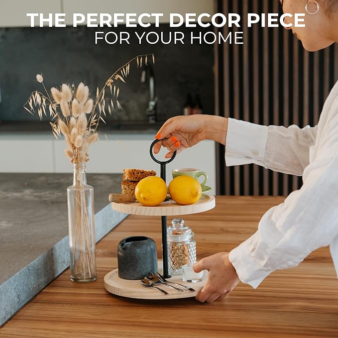 Decorative Wooden Tiered Tray Stand - Beautiful Two Tiered Coffee Table Serving Tray Enhances Your Seasonal Modern Farmhouse Decor - The Perfect Centerpiece for Your ChristmasTable Decorations
