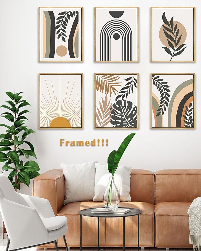Drsoum Boho Wall Art Framed Boho Wood Wall Decor Mid Century Modern Canvas Wall Art Minimalist Abstract Boho Room Decor Bohemian Moon Phases Wall Painting For Bedroom Kitchen Office Home Decor 8x10in