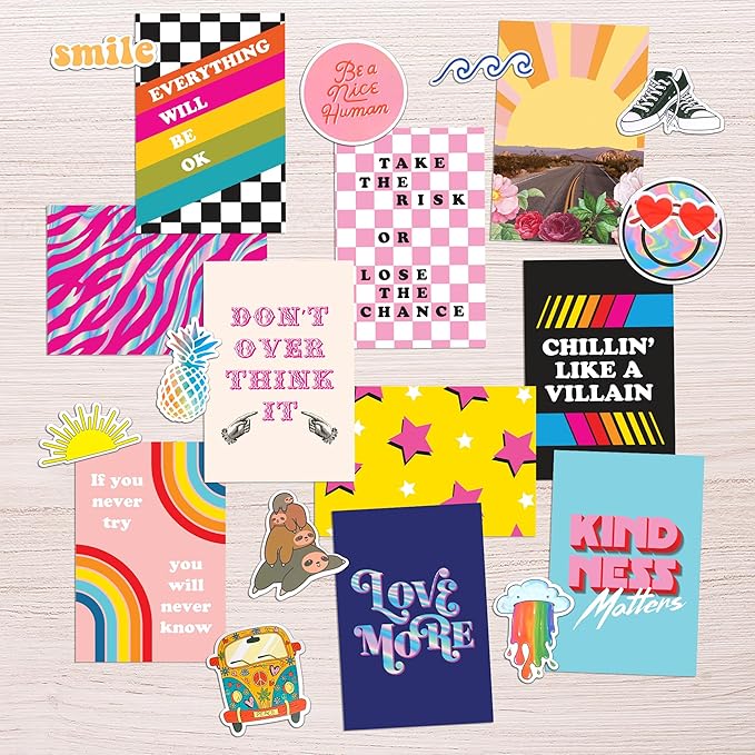 Artivo Bright Indie Collage Kit Aesthetic Pictures, 50 Set 4x6 inch, Colorful Bedroom Decor for Teen Girls, Fun Wall Art for Kids, Dorm Wall Decor, Small Posters for Room (Bright 50 Set)