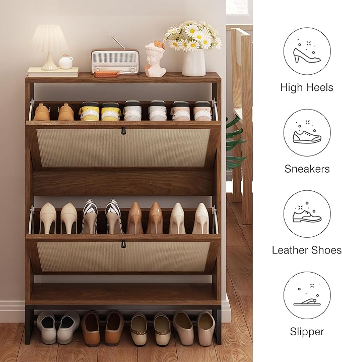 AVZEAR Freestanding Shoe Organizer with 2 Flip Drawer Doors, Entryway & Closet Shoe Storage, Linen Doors, Walnut