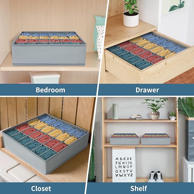 Joyoldelf Sock Organizer, 24-cell Underwear Drawer Organizer Women Fabric Sock Organizer for Closet for Socks, Lingerie, Handkerchiefs, Ties, 3 Packs (Gray)