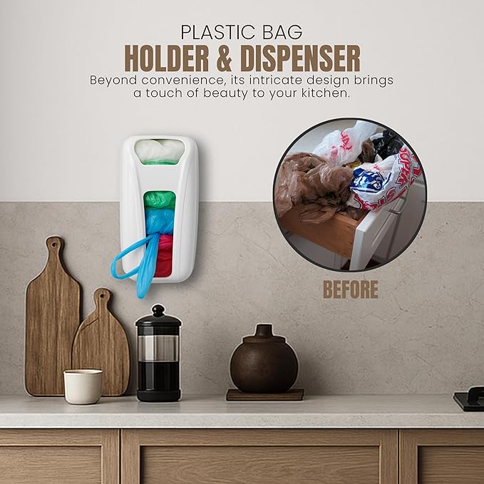 KICHLY Plastic Bag Holder For Grocery Bags, Durable Plastic Bag Organizer Wall Mount, Storage Organizer & Saver for Grocery, Shopping & Trash Bags, White
