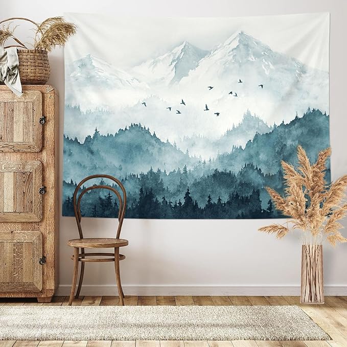 kampdream Mountain Forest Tapestry, Misty Foggy Teal Blue Tree Landscape Watercolor Art Wall Tapestries, Nature Scenery Tapestry for Bedroom Living Room Backdrop 44×60 inch