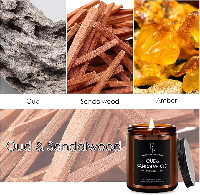 Sandalwood Oud Scented Candle for Home Soy Wax Candle, Aromatherapy Candle Father's Day Gift, 7oz