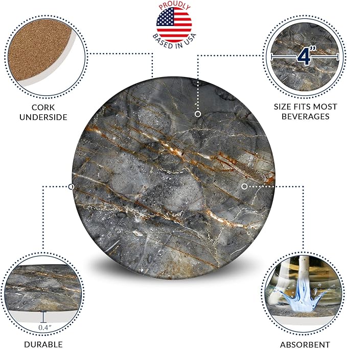 Emerson Coasters for Drinks Absorbent – Natural Stone Drink Coasters Set with Holder, Coasters for Coffee Table, Wooden Tabletop Protection Marble Style – 100% Heavy Duty Set of 6 (Gray)