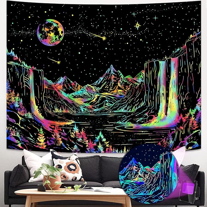 Lunerfex Starry Mountain Blacklight Wall Tapestry - Celestial Landscape Wall Hanging for Bedroom and Living Room Decor - 3648 Inches