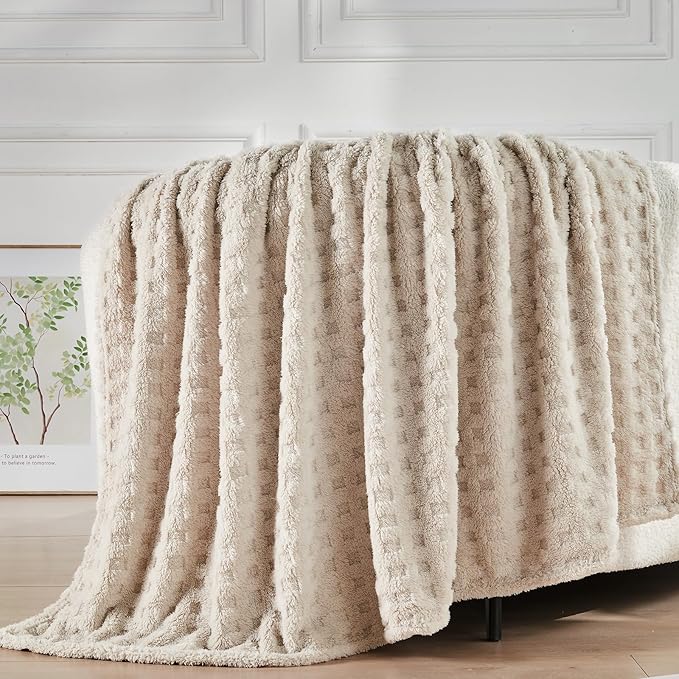 NEWCOSPLAY Super Soft King Blanket Linen Premium Silky Flannel Fleece 3D Waffle Checkered Lightweight Bed Blanket All Season Use (Linen, King(90"x110"))