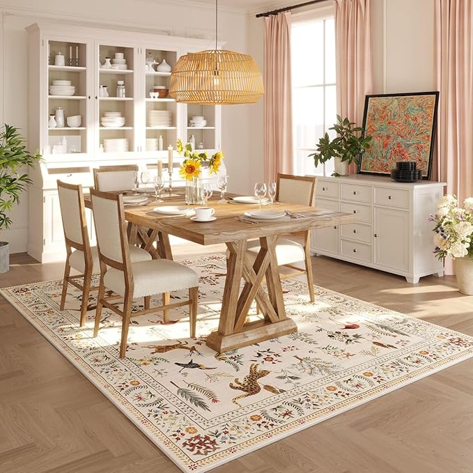 Living Room Rug 6x9 Rug Machine Washable Boho Area Rug Non Slip Floral Animal Vintage Low Pile Large Rug for Living Room, Bedroom, Farmhouse, Dining Room, Kids Playroom (Beige)