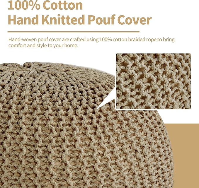 HOMBYS Unstuffed Ottoman Pouf Cover, 100% Cotton Handmade Knitted Ottoman Pouf Cover Round Foot Stool, Floor Bean Bag Chair, Foot Rest Storage for Living Room Bedroom, Khaki(Cover ONLY NO Filler)