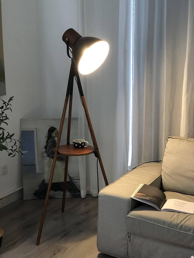 ELYONA Dimmable Tripod Floor Lamp with Table, Wood Standing Lamp with Adjustable Metal Shade, Modern End Table with Reading Light for Livingroom, Bedroom, Office, LED Bulb Included, Black & Brown