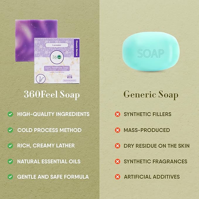360Feel Lavender Soap -5oz Castile Handmade Soap bar - floral fragrance - Pure Essential Oil Natural Soaps- Great as Anniversary Wedding Gifts Christmas stocking stuffer