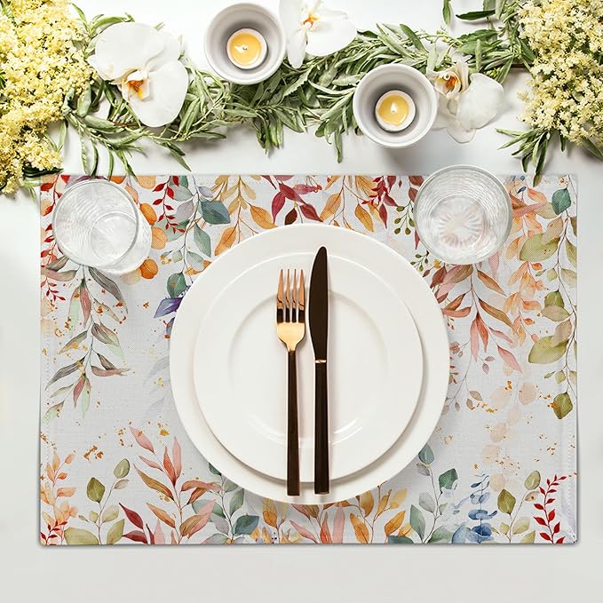 Fall Eucalyptus Leaf Table Placemats Set of 4, Colorful Leaves Heat-Resistant Tabletop Place Mats 12x18 Inch Autumn Seasonal Outdoor Table Mats Decorations for Party Dining Kitchen