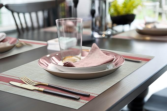 More Décor Dining Table Placemats, Washable Heat-Resistant PVC Vinyl Table Mats for Dining Room and Kitchen, Anti-Slip - Set of 6 - Vertical Striped Red - Grey