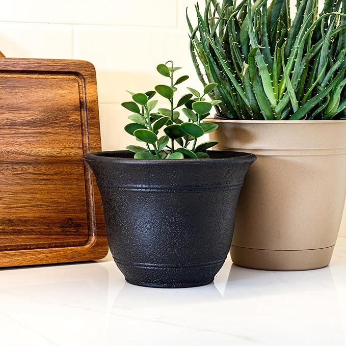 The HC Companies Sierra Round Self-Watering Pot - Lightweight Plastic Planter for Herbs & More - Durable Plant Pots for Indoor Plants & Outdoor Plants (10” Black Onyx, Pack of 1)