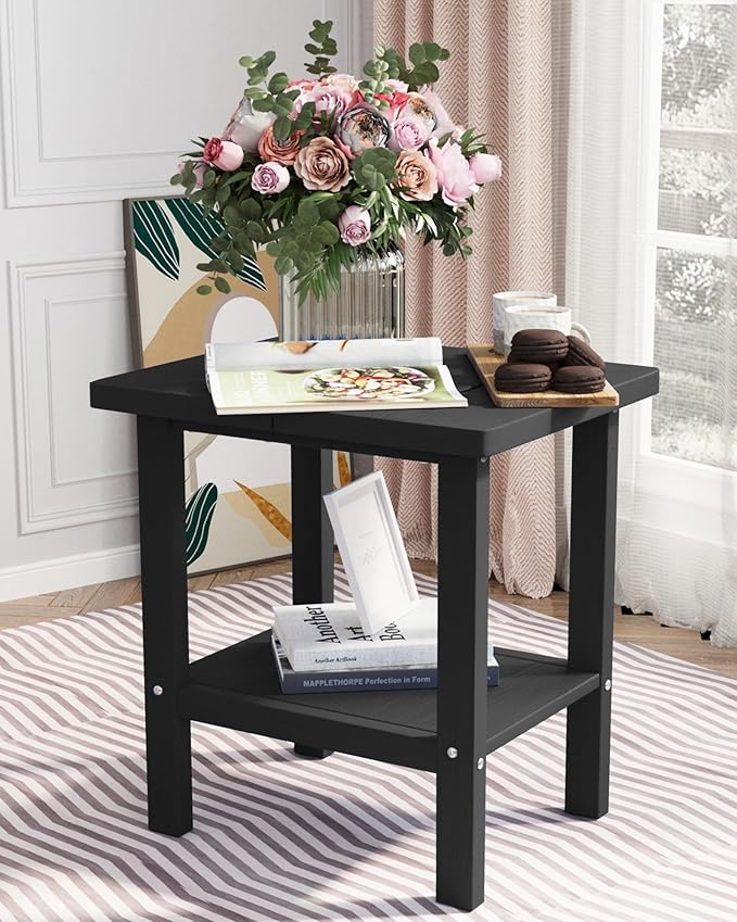 2-Tier Adirondack Square Outdoor Side Table, Pool Composite Patio Table, Weather Resistant End Table for Patio, Backyard, Pool, Easy Maintenance - Black