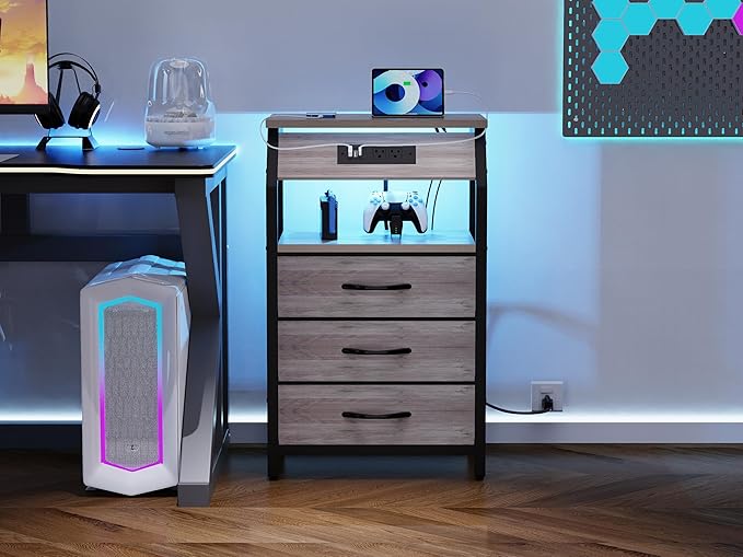 End Table with 3 Drawers, Night Stand with Charger Station and LED Lights, Small Nightstand with Fabric Storage, Farmhouse Side Table for Bedside, Living Room, Dorm, Greige