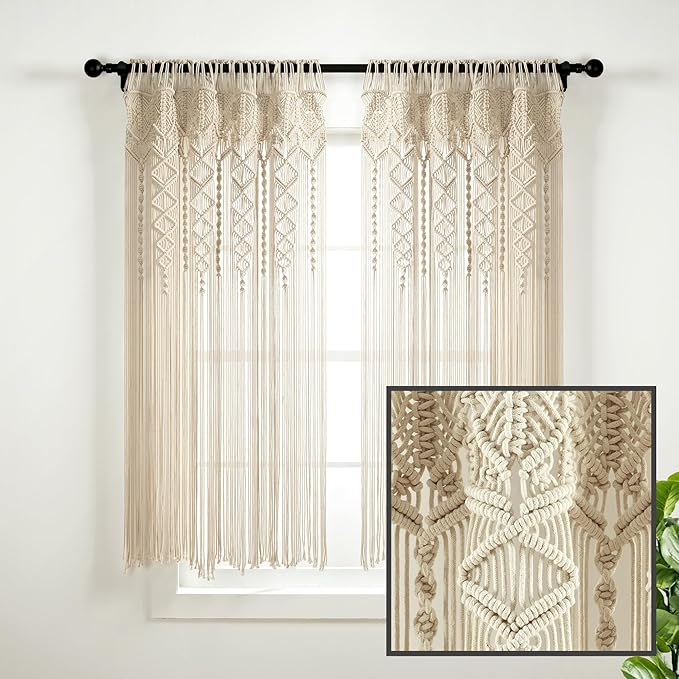 Lush Decor Boho Macrame Textured Cotton Window Curtain Panel, Single Panel, 40" W x 63" L, Neutral - Doorway Room Divider - Wedding Or Wall Decor - Boho Macrame Curtain