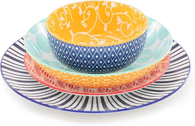 Elama Giovanna 16 Piece Assorted Design Porcelain Multi-Color Graphic Double Bowl Dinnerware Set, Tableware, Serveware, Dinnerware Set, Bowl Set (16 Piece)