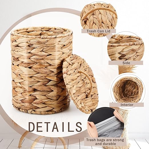 Ctosree 4 Pcs 1.3 Gallon Small Wicker Trash Can with Lid Rattan Trash Can Woven Waste Basket Bathroom Boho Basket Garbage Bin with 200 Pcs Bags for Bedroom Bathroom Office Garbage Living Room Kitchen