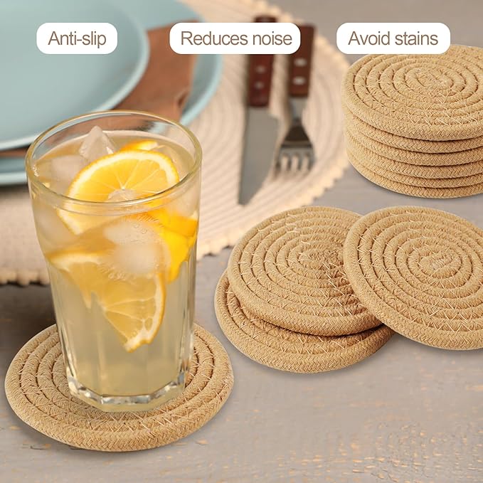 Vivinin 10 Boho Cotton Coasters - Absorbent Coasters for Drinks, Brown Set for Room Decor, Bar, Housewarming Gift, 4.3"