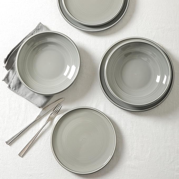 Earth & Clay Harmony 24-Piece Dinnerware Set Stoneware, Plates and Bowls Set, Includes Dinner and Salad Plates, Cereal Bowls, Dishwasher and Microwave Safe, Dishes for 8, Grey