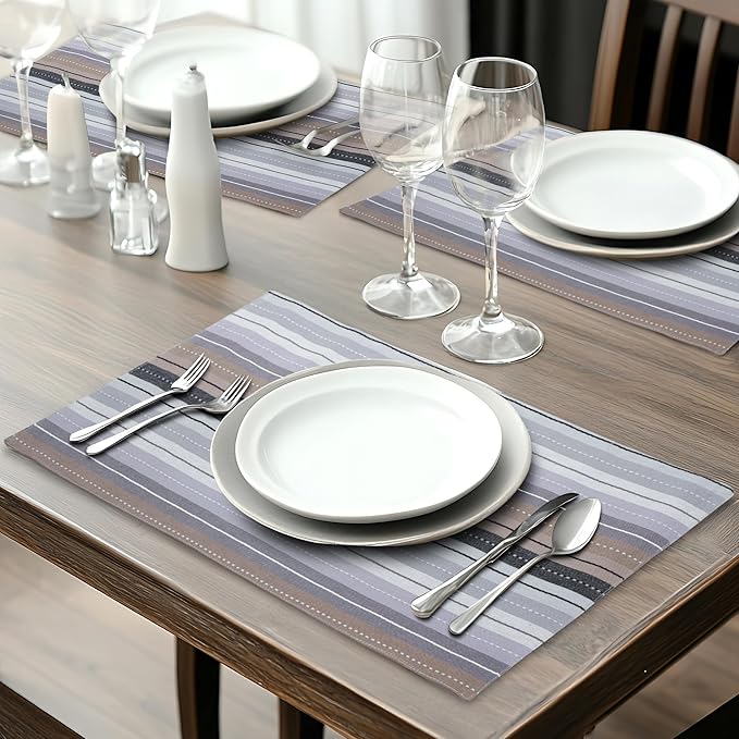 Urban Villa Christmas Placemats Grey Multi Stripes 100% Cotton Fused Tablemats for Dining Size 14''x20'' Set of 6 Placemats for Christmas Celebrations Wedding Parties Every Day Use Heavier Quality
