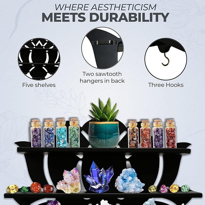 Chakral Wooden Lotus Flower Shelf for Crystals - Floating Crystal Display Shelf & Holder, Wall Decor for Bedroom Aesthetic, Pinewood (Black)