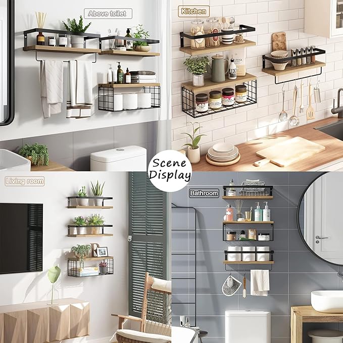 Towel Racks for Bathroom Wall Mounted, 3PCS Floating Shelves with Storage Basket, Bathroom Organizes, Wall Mounted Rustic Wood Shelves for Bedroom, Living Room, Kitchen (Wood)