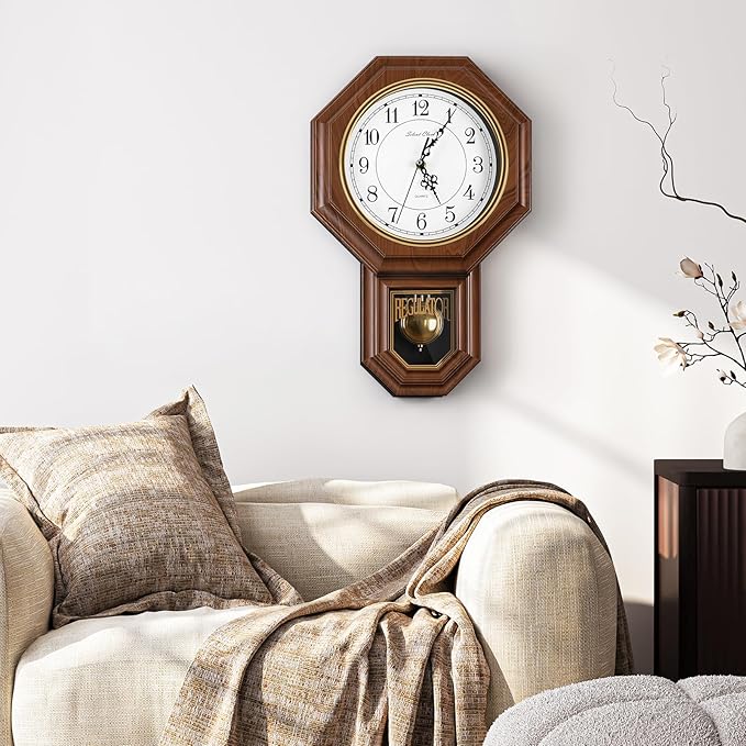 Pendulum Wall Clock Battery Operated, Imitation Wood Plastic Regulator Clock with Pendulum,Vintage Decorative Wall Clocks for Living Room,Farmhouse,Office,Bedroom,Kitchen,Wall Decor