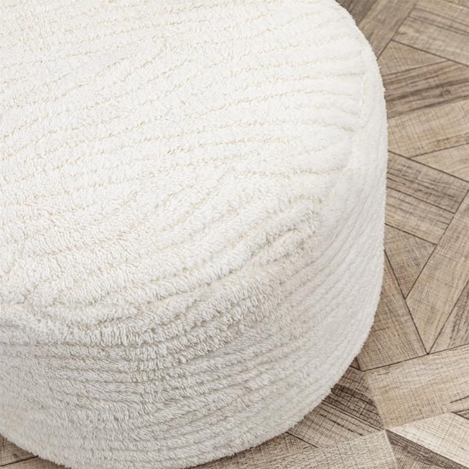 Asuprui Pouf Ottoman Stuffed Modern Foam Ottoman Foot Rest 20x20x12 Inches Floor Pouf Round Pouf Seat Floor Bean Bag Chair Foldable Floor Chair Storage for Living Room Bedroom Ivory Pouf with Filler