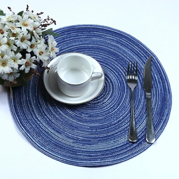 Topotdor 14 Inch Round Placemats Heat-Resistant Stain Resistant Anti-Skid Washable Polyproplene Table Mats Placemats (Blue, Set of 4)