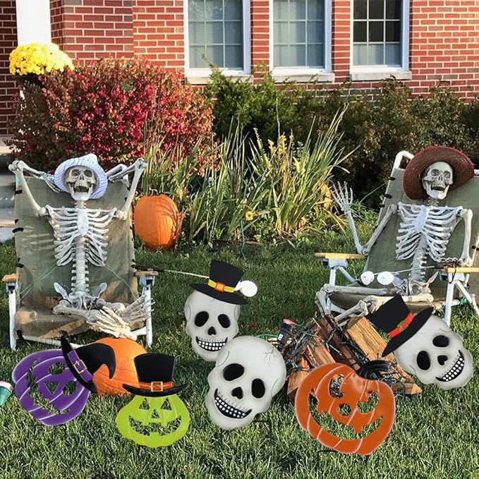 hogardeck Halloween Decorations Outdoor, 2PCS Stacked Skull Pumpkin Decorative Garden Stakes for Halloween Decor, Metal Yard Signs for Outside Garden Lawn Porch Party Decorations