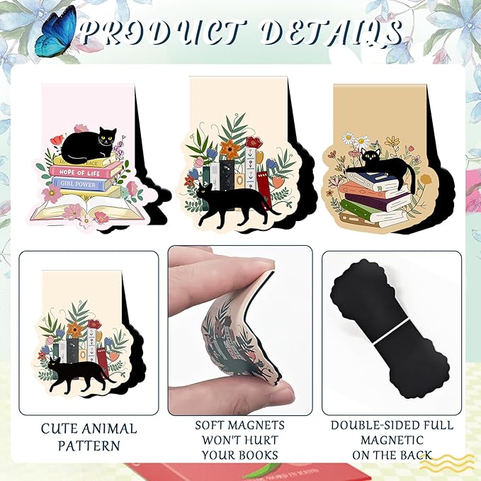 Black Cat Floral Magnetic Bookmarks - Wxiben 12 Pcs Black Cat Book Mark Magnets Cute Cartoon Cats Magnets Bookmark Page Clip Gift for Book Lovers Students Teen Teacher Office School Reading Cats Lover