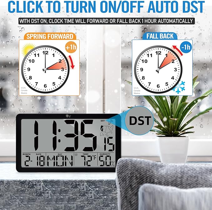 TXL Atomic Wall Clock with Backlight, Battery Operated Digital Wall Clock with Temperature, Humidity and Date, Large Display, Auto DST, 6 Time Zone(Black)