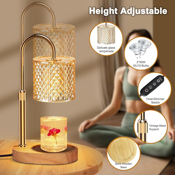 Candle Warmer Lamp with Timer, Candle Lamp with Dimmer and 2 Bulbs, Wax Warmer Height Adjustable for Home Decor, Wax Melt Warmer for Scented Candles