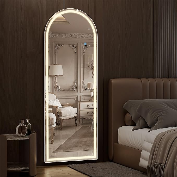 71" x 26" Arched Full Length Mirror with LED Lights, Floor Mirror with Stand, Wall Mirrors Full Length, Body Floor Mirrors, Wall Mounted for Bedroom, Dimmable, Tempered Glass