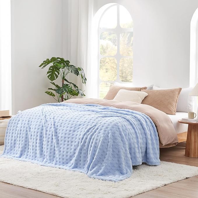 Cozy Bliss Soft King Size Waffle Blanket - Lightweight Cozy Blankets Gift for Women,Cute Checkered Throws Blanket for Bed, Couch and Sofa,Light Blue,108x90 Inches