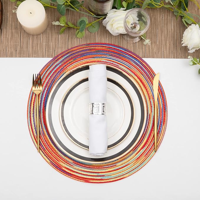 SHACOS Round Braided Placemats Set of 8 Washable 15 inch Round Table Mats Colorful Variegated Woven Place Mats for Dining Table (Rainbow Red, 8)