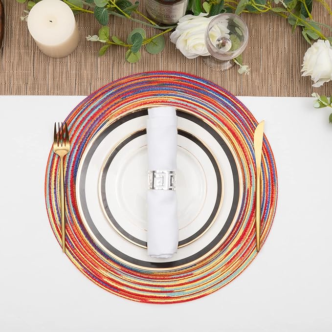 SHACOS Round Braided Placemats Set of 4 Variegated Colorful Placemats for Dining Tables Holiday Party Decor (Rainbow Red, 4)