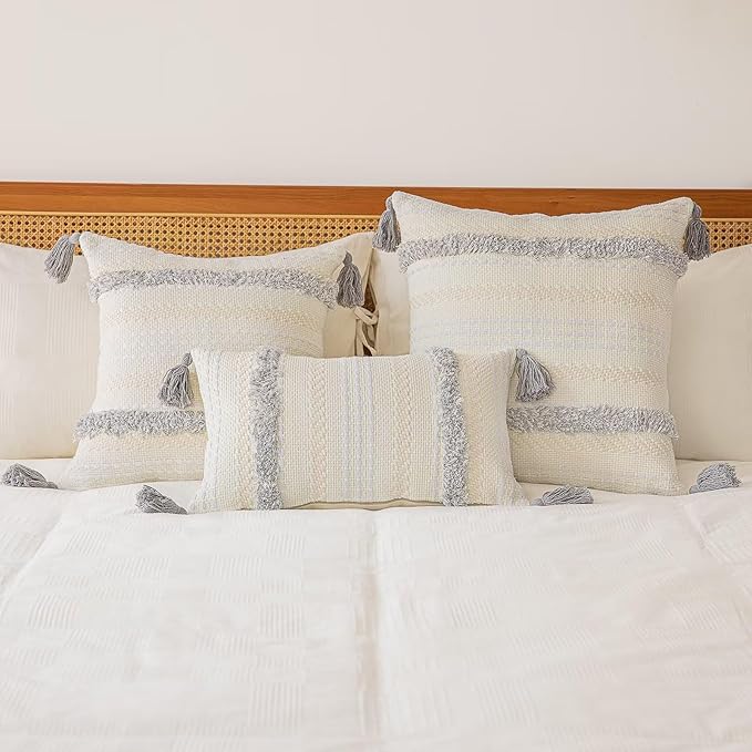 Boho Throw Pillow Covers 20x20 Set of 2 Woven Tufted Farmhouse Pillows Cover with Tassels Textured Striped Cushion Case Neutral Pillow Cases Decorative Pillowcase for Couch, Bed, Light Grey