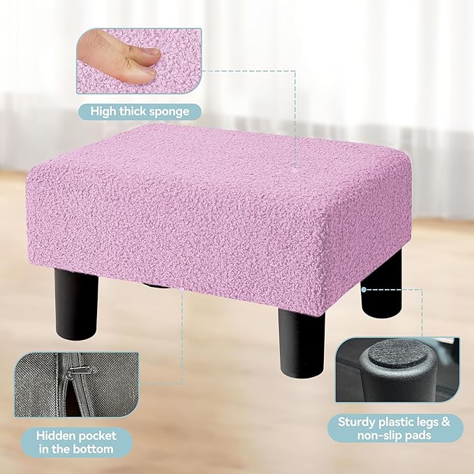 BRIAN & DANY Small Foot Stool Ottoman, Footstool with Legs, Teddy Velvet Foot Rest for Living Room, Bedroom and Office, Purple