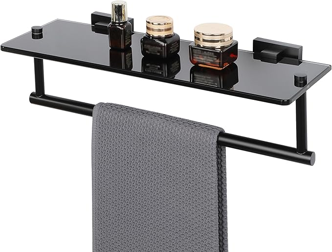 Alise Bathroom Shelves Glass Shelf with Bar,Wall Mount Floating Shelves for Bathroom,1 Tier Tempered Glass Holder Rack Storage Organizer,SUS304 Stainless Steel GOY6380-B Black