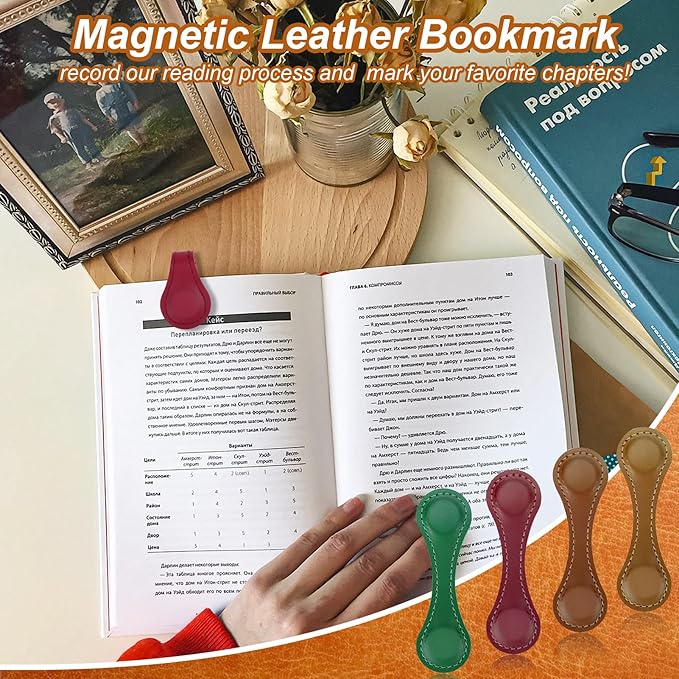 8PCS Magnetic Bookmarks, Leather Magnetic Bookmarks for Women, Double-Sided Magnetic Book Mark Clip Gift for Book Lover Readers Men Women Teachers Students, Book Accessories