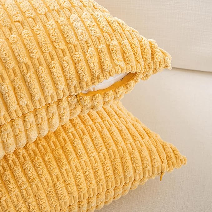 Fancy Homi Set of 4 Spring Boho Decorative Throw Pillow Covers 16x16 Inch for Couch Bed Sofa, Sage Green Yellow Room Decor, Soft Fuzzy Fluffy Cozy Corduroy Textured Cushion Case 40x40cm