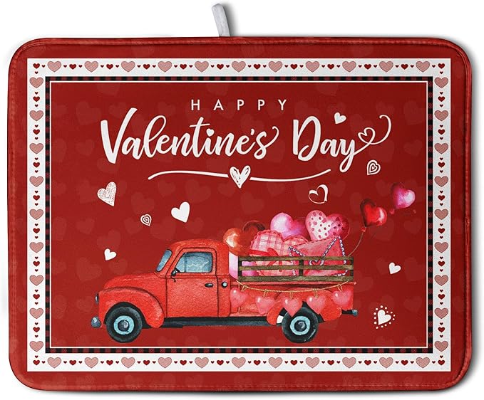 Happy Valentine's Day Dish Drying Mat for Kitchen Red Love Heart Truck Plaid Drying Mats Super Absorbent Dishes Drainer Pad Reversible Microfiber Dish Drying Rack Mat for Kitchen Counter 18x24 Inch