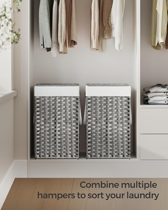 SONGMICS Laundry Hamper with Lid, 17.2 Gallon (65 L) Synthetic Rattan Clothes Laundry Basket with Lid and Handles, Foldable, Removable Liner, Dove Gray ULCB165G01