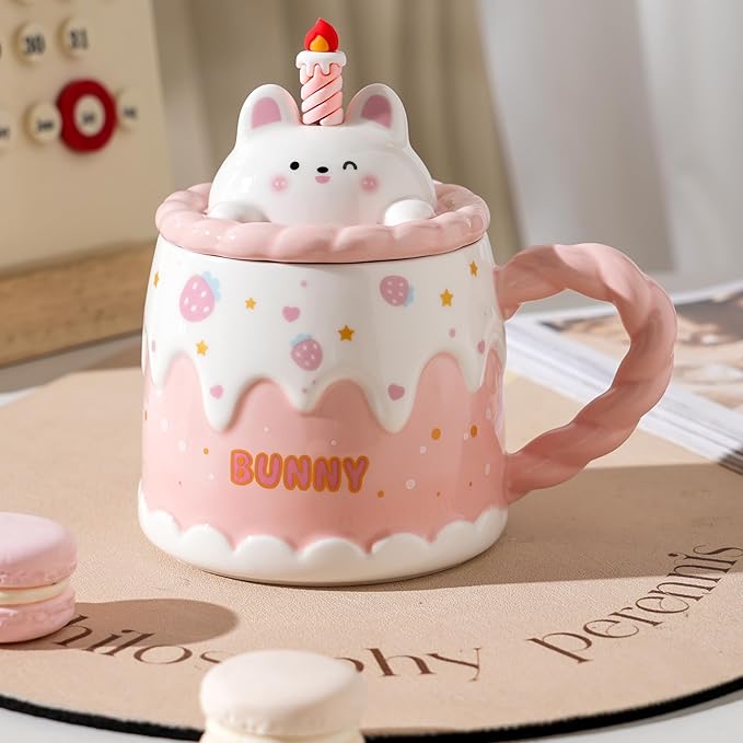 Adorable Cake Ceramic Coffee Mug - Elegant Birthday Gift for Women and Girl, Cute Rabbit Cup with Sweet Design, Perfect Present for Her Daily Tea & Coffee(Model A)