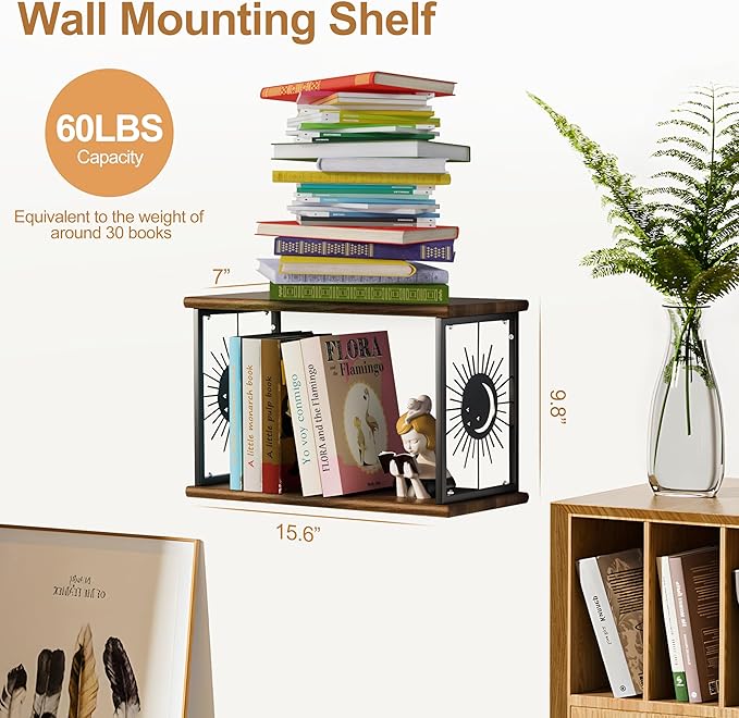 Floating Nightstand Wall Mounted - Natural Solid Wood Night Stand, Bedside Table 2 Tier Shelf, Modern Metal Celestial Side Floating Shelves Decor for Living Room Bedroom