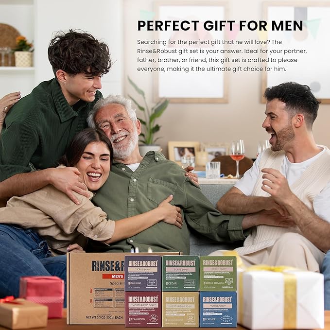 Rinse & Robust Mens Bar Soap 6Pcs Cleansing All Natural Handmade Mens Moisturizing&Exfoliating Oatmeal Scrub Soap Gift for Men Body&Hand All Skin Type|6 Different Scents |5.3 oz of 6 Bars