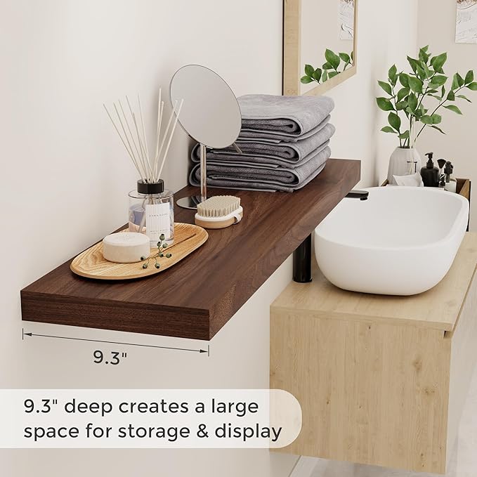 40"W x 9"D Floating Shelves, 9.3 Inch Deep Wall Shelves Set of 2, Farmhouse Rustic Floating Shelf 40 Inch Long, Wide Storage & Display Shelves for Bathroom, Living Room, Kitchen, Walnut Color